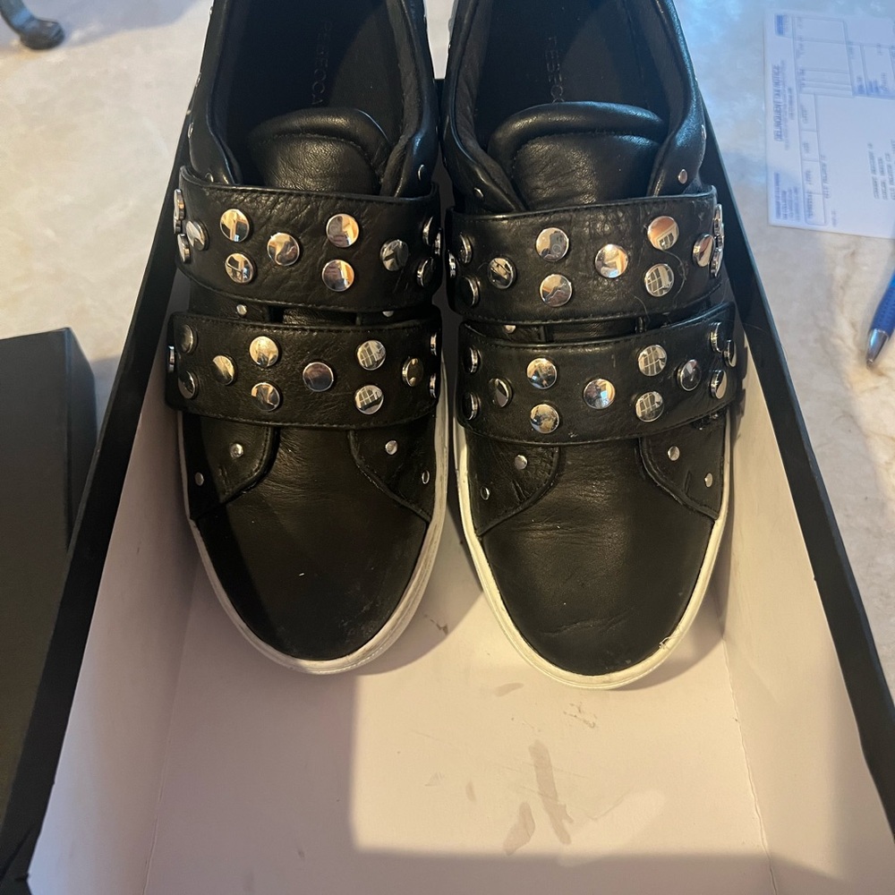 Rebecca Minkoff women’s black leather studded platform sneakers